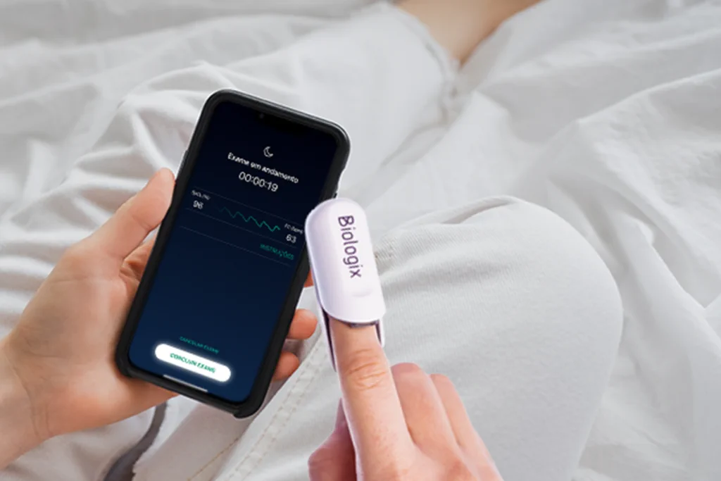 Exame do Sono Biologix realizado em casa com sensor e aplicativo